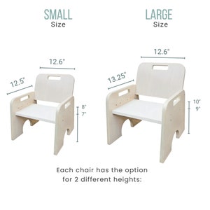 May include: Two wooden children's chairs, one small and one large, with two height options. The chairs are made of light wood and have a simple design. The small chair measures 12.5 inches wide and 12.6 inches tall, while the large chair measures 13.25 inches wide and 12.6 inches tall.