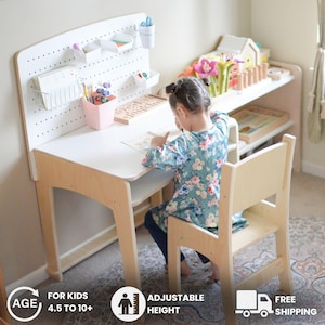Montessori Adjustable Desk Chair Set for Kids 4+ That Grows With Them Until 10+ | Homework | Art Table | School Desk