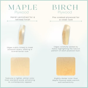 May include: Comparison of Maple and Birch plywood. Maple plywood is hand-varnished for a refined finish with subtly tinted edges. Birch plywood is pre-coated for a clear look with edges carefully sealed by hand, highlighting the natural pattern of each layer.