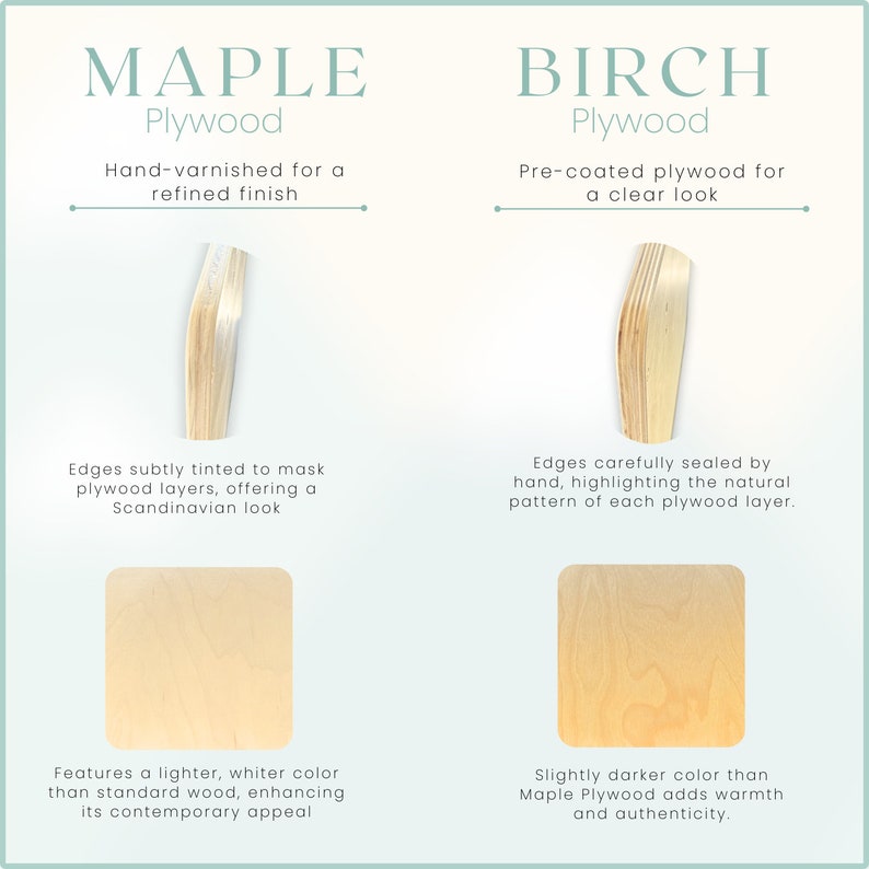 May include: Comparison of Maple and Birch plywood. Maple plywood is hand-varnished for a refined finish with subtly tinted edges. Birch plywood is pre-coated for a clear look with edges carefully sealed by hand, highlighting the natural pattern of each layer.