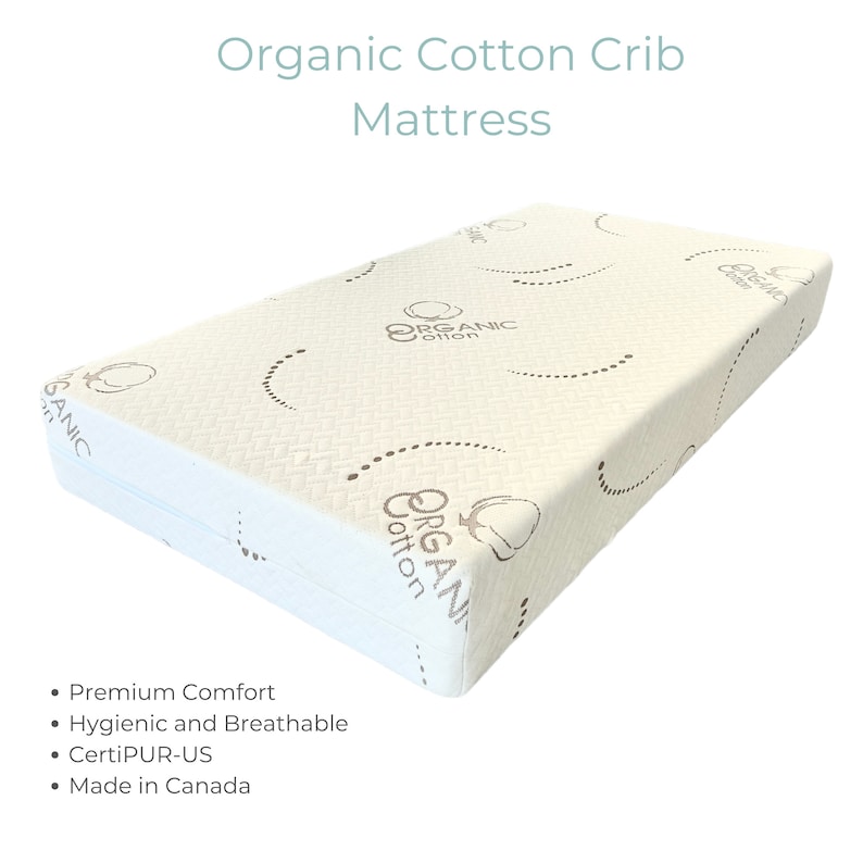 May include: A white crib mattress with a zipped cover. The mattress is made of organic cotton and has a CertiPUR-US certification. It is made in Canada.