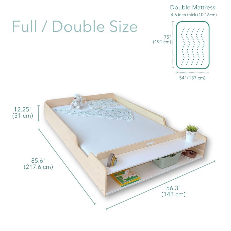 May include: A light wood-toned full/double size bed frame with a white mattress. The frame has a built-in shelf with storage. The bed is 85.6 inches (217.6 cm) long and 56.3 inches (143 cm) wide. The mattress is 75 inches (191 cm) long and 54 inches (137 cm) wide.