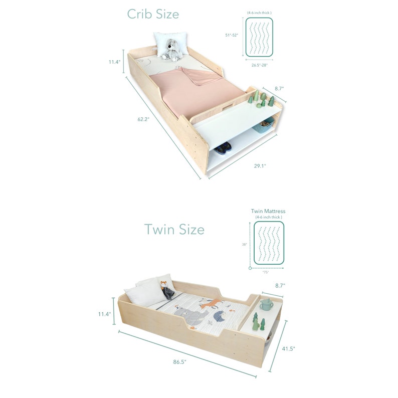 May include: A wooden toddler bed frame in two sizes: crib and twin. The crib size is 62.2 inches long, 29.1 inches wide, and 11.4 inches high. The twin size is 86.5 inches long, 41.5 inches wide, and 11.4 inches high. Both beds have a white shelf and a small shelf for storage.