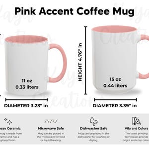 Pink Accent Coffee Mug Size Chart, Mug Care, Ceramic Mug Mockup, Printify Mug, Two Tone Mug Size Chart, 11oz 15oz Mockup, Digital Download