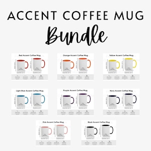 Pode incluir: Uma variedade de canecas de café com detalhes coloridos, incluindo vermelho, laranja, amarelo, azul claro, roxo, azul marinho, rosa e preto. Cada caneca é branca com uma alça e interior coloridos. O texto "ACCENT COFFEE MUG Bundle" está no topo.
