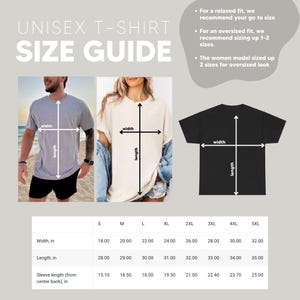 May include: A unisex t-shirt size guide with measurements in inches. The guide includes images of models wearing t-shirts and a black t-shirt graphic. Measurements for width, length, and sleeve length are provided for sizes S through 5XL.