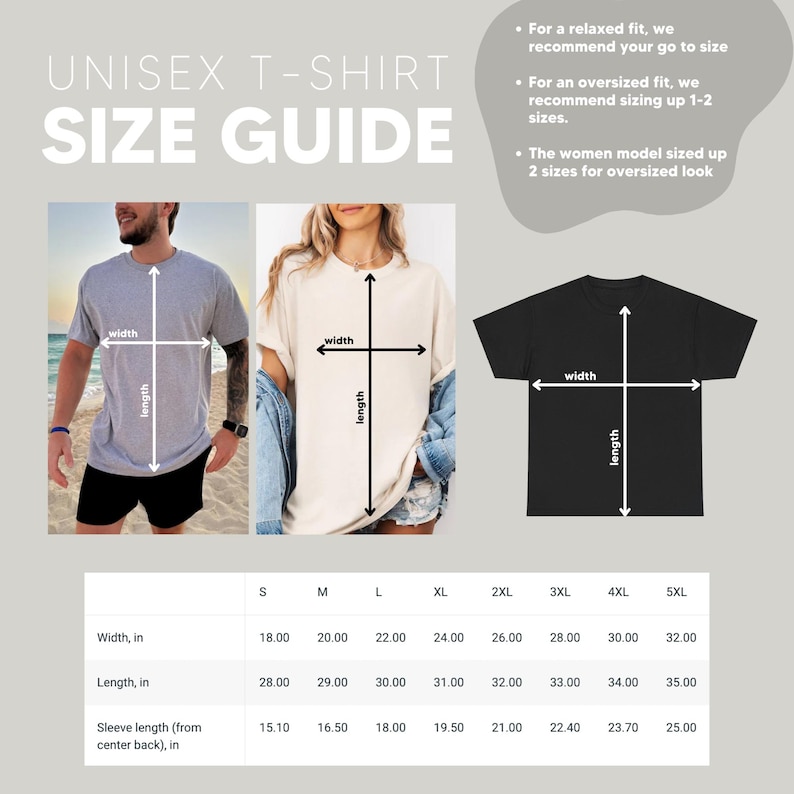 May include: A unisex t-shirt size guide with measurements in inches. The guide includes images of models wearing t-shirts and a black t-shirt graphic. Measurements for width, length, and sleeve length are provided for sizes S through 5XL.