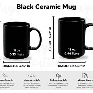 ブラックマグカップのサイズガイド、11オンスと15オンスのセラミックマグカップのサイズ表、サイズ比較ガイド、ブラックマグカップのモックアップ、マグカップのモックアップ、JPGとPNG、Printifyマグカップ
