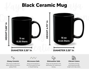 Black Mug Size Guide, 11oz and 15oz Ceramic Mug Size Chart, Comparison Sizing Guide, Black Mug Mockup, Mug Mockup, JPG & PNG, Printify Mug