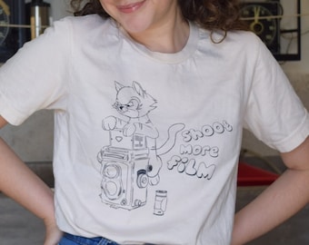 Shoot More Film Unisex t-shirt kitty Cat Film Camera Rolleiflex Gift Photographer Medium Format Photography Artist