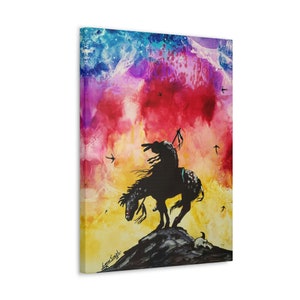 May include: A silhouette of a Native American on horseback against a colorful sunset background. The sky is painted in shades of blue, purple, pink, and yellow. The horse is rearing up on its hind legs, and the rider is holding a spear. There are several birds flying in the sky.
