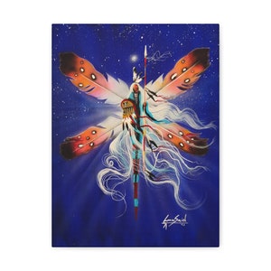 May include: A painting of a Native American warrior with a headdress and feathers, holding a spear and standing in front of a blue background with stars. The warrior is surrounded by feathers that form a dragonfly shape.