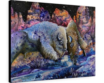 May include: Two white bison with dark horns are facing each other in a snowy landscape. The bison are painted in a watercolor style with a blue and purple background. The background also features rocky formations.