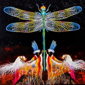 May include: A colorful painting of two Native American women in traditional dress, dancing beneath a large dragonfly with blue, yellow, and white wings against a dark starry night sky.
