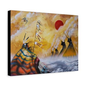 May include: Canvas art print depicting a Native American figure in traditional attire, set against a warm, golden sky with a red sun. The artwork features teepees and a figure holding a staff with decorative elements. The color palette includes orange, yellow, and blue.