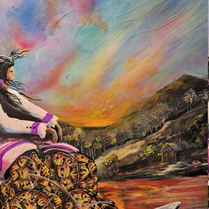 May include: A painting of a woman sitting on a rock with a sunset in the background. She is wearing a pink and white dress and has a basket at her feet. The woman is surrounded by a group of turtles.