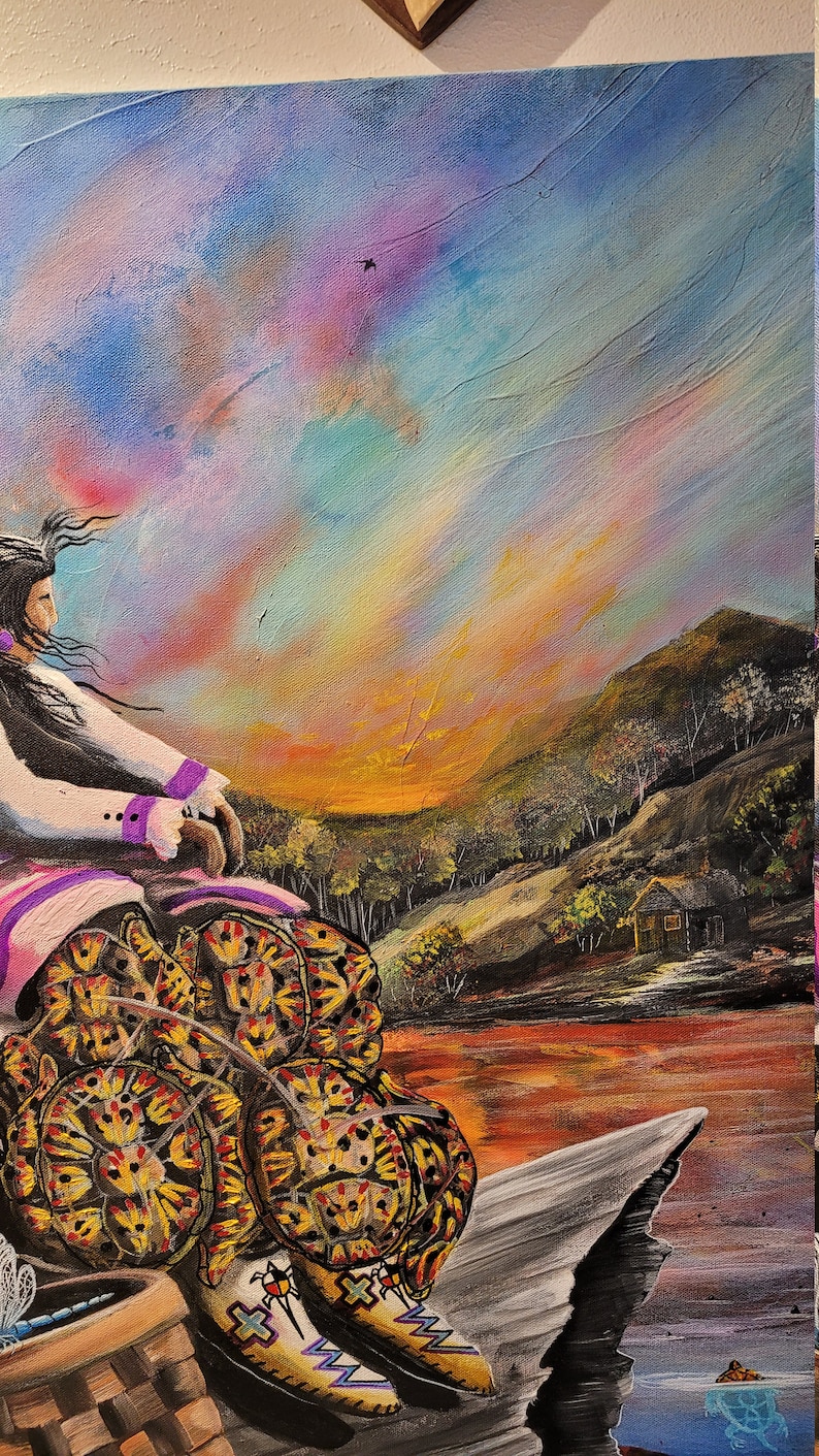 May include: A painting of a woman sitting on a rock with a sunset in the background. She is wearing a pink and white dress and has a basket at her feet. The woman is surrounded by a group of turtles.