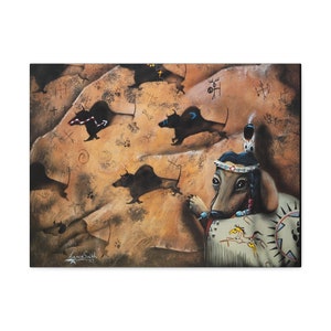 May include: A painting of a dachshund dressed as a Native American, standing in front of a cave wall with petroglyphs of other dachshunds. The petroglyphs are in black and white, and the dachshund is in brown, black, and white. The painting is titled "Lance Smith 23".