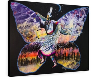 May include: A canvas art print featuring a Native American dancer within a butterfly wing design. The artwork showcases vibrant colors, a night sky with a crescent moon, and a forest scene. The dancer is adorned in traditional attire.