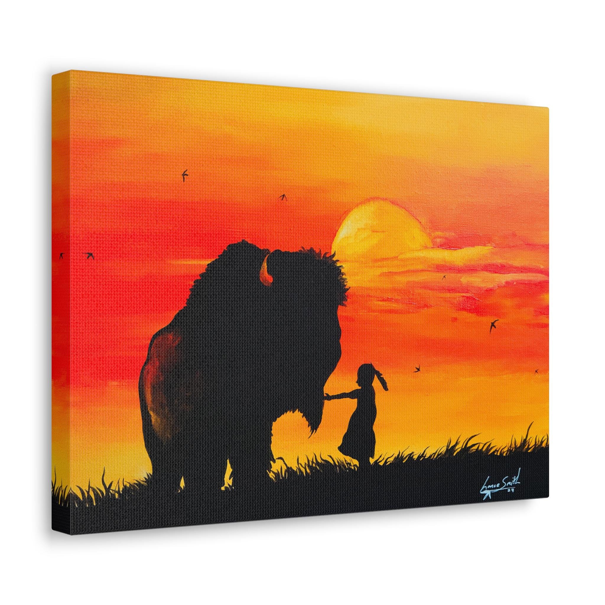 Protection Art Spring Protect Me- Young Girl and Buffalo Protection Art, 12x16 Orange Yellow ...
