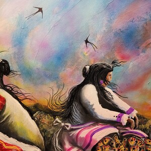 May include: Two women with long dark hair, wearing traditional clothing, sit facing a colorful sunset sky with birds flying overhead. The women are painted in a realistic style with a focus on their clothing and hair.