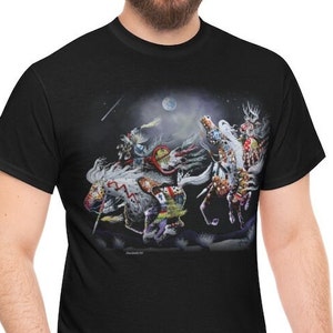May include: Black t-shirt with a colorful graphic print of three Native American figures riding horses under a full moon. The figures are wearing traditional clothing and headdresses.