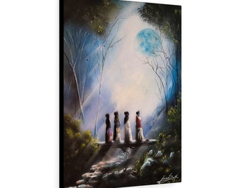 May include: A canvas print of an original painting depicting five figures in long robes standing on a wooden bridge in a forest. The artwork features a large blue moon, trees, and a stream, with light shining through the trees. The artist's signature is in the bottom right corner.