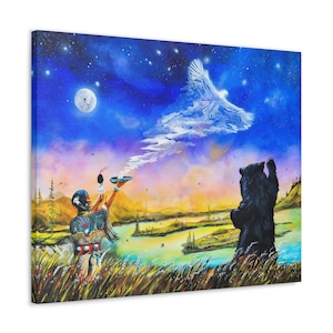 May include: A painting depicting a Native American person in traditional clothing holding a bowl with smoke rising from it. A white bird flies above, and a black bear stands in the grass, looking up at the sky. The background is a colorful sunset with a full moon and stars.