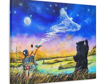 May include: A painting depicting a Native American person in traditional clothing holding a bowl with smoke rising from it. A white bird flies above, and a black bear stands in the grass, looking up at the sky. The background is a colorful sunset with a full moon and stars.