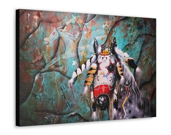 May include: A colorful painting of a horse wearing a Native American headdress. The horse is white with black and brown markings. The background is a turquoise and brown abstract design.