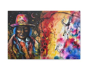 May include: A vibrant canvas print featuring a portrait of a Native American man wearing a colorful hat. The artwork blends realism with abstract elements, including a starry night sky, flowers, and stylized figures in shades of red, yellow, and blue.