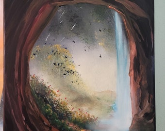 May include: A painting of a waterfall cascading down a rock face, framed by a dark cave opening. The scene is set in a lush forest with a blue sky and birds flying overhead. The painting is signed "Lance Smith 122".