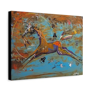 May include: A canvas print of a horse in mid-gallop, rendered in a vibrant, abstract style. The horse is primarily brown and orange, with purple accents, set against a blue and orange background. Footprints and other shapes surround the horse.