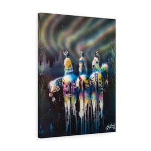 May include: A painting of three Native American figures on horseback riding through a forest under a colorful aurora borealis. The horses and riders are painted in vibrant colors with intricate patterns.