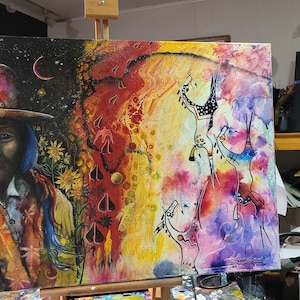 May include: A colorful abstract painting on canvas featuring a Native American man wearing a hat with a star design. The painting is divided into two sections, one with a portrait of the man and the other with abstract shapes and colors.