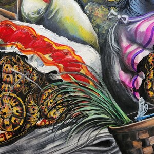 May include: A painting of two figures wearing colorful clothing and traditional footwear. The figures are standing on a background of water and grass. The figures are surrounded by a pattern of turtle shells. The painting is signed "Lee Satin".