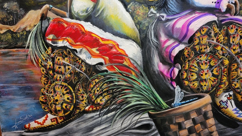 May include: A painting of two figures wearing colorful clothing and traditional footwear. The figures are standing on a background of water and grass. The figures are surrounded by a pattern of turtle shells. The painting is signed "Lee Satin".