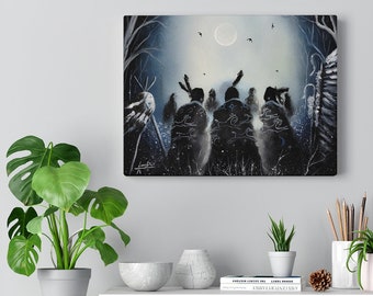 May include: A black and white painting of a group of people standing in a snowy forest under a full moon. The people are silhouetted against the moon and the trees. The painting is done in a realistic style.