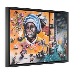 May include: A colorful painting of a person with tattoos and a turban, holding a pipe. The background features a cityscape with graffiti and animals, including a deer, a bear, and a dragonfly.