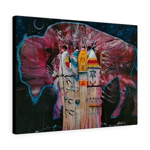 May include: A canvas print featuring a vibrant painting of Native American figures and a bison silhouette. The artwork showcases a night sky with a crescent moon and stars, with the figures adorned in colorful traditional attire.