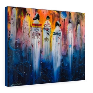 May include: A painting of five figures in white robes with colorful designs, standing in front of a background of a starry night sky with a crescent moon. The figures are wearing traditional Native American clothing with symbols and patterns. The painting is done in a watercolor style with a vibrant color palette.