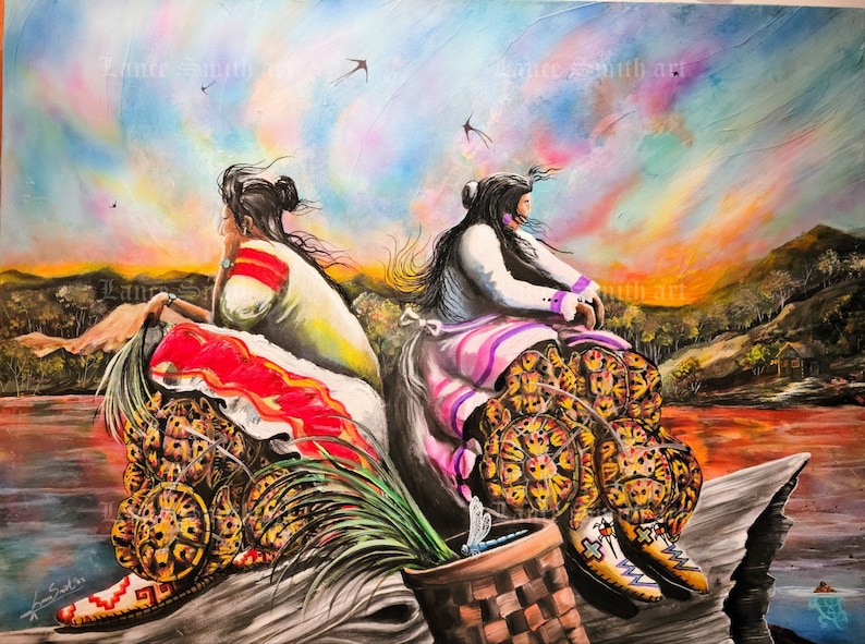 May include: Two women in traditional clothing sit on a rock overlooking a lake. They are surrounded by a colorful sunset and a sky filled with birds. The women are wearing colorful dresses and have long, flowing hair. The rock is covered in a pattern of turtles.