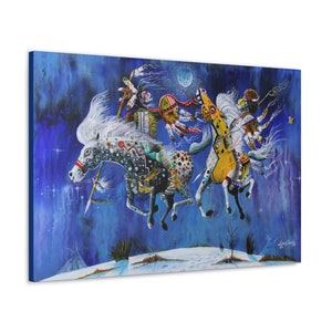 May include: A canvas print featuring a vibrant painting of three horses with riders, set against a deep blue night sky. The horses are adorned with colorful patterns and the riders wear elaborate headdresses. The artwork evokes a sense of movement and cultural richness.