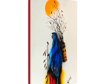 Red Bird Woman 12x18 Native American Art Canvas, Matte Stretched Wall Art