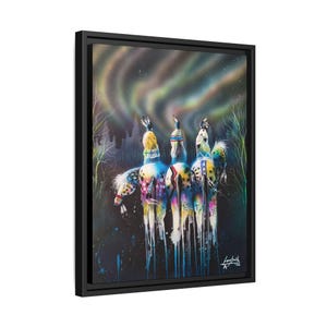 May include: A framed canvas art print featuring a colorful depiction of horses with Native American headdresses under a vibrant aurora borealis. The artwork has a dark background with splashes of blue and colorful details.