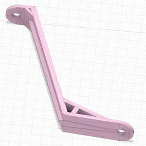 May include: A pink 3D printed plastic part with two holes. The part is shaped like a bracket with a long arm and a short arm. The long arm is angled upwards and the short arm is angled downwards.