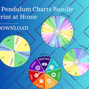 May include: Four printable pendulum charts for divination. The charts are colourful and feature a variety of designs, including an alphabet, numbers, yes/no questions, and chakras. The charts are perfect for use with a pendulum to get answers to your questions.