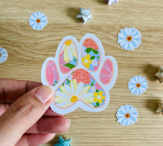 Floral paw print die-cut vinyl sticker water resistant dog | Etsy