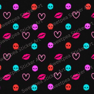 Skull Love Tumbler Wrap PNG Datei, Digital Download, Schädel, Neon Herzen, Lippen, Neonfarben