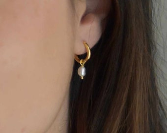 Pearl Hoops, Gold Earrings, Dainty, Vermeil Jewelry, Freshwater, 18k Gold, Pearl Dangle, Gift For Her, Wedding Earrings, Bridal Jewelry